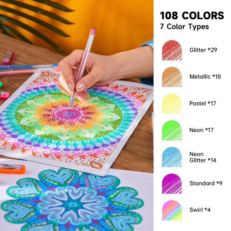 Lineon 108 Colors Gel Pens Set, Gel Pens for Adult Coloring Books Journals Drawing Doodling Art Markers - Image 2
